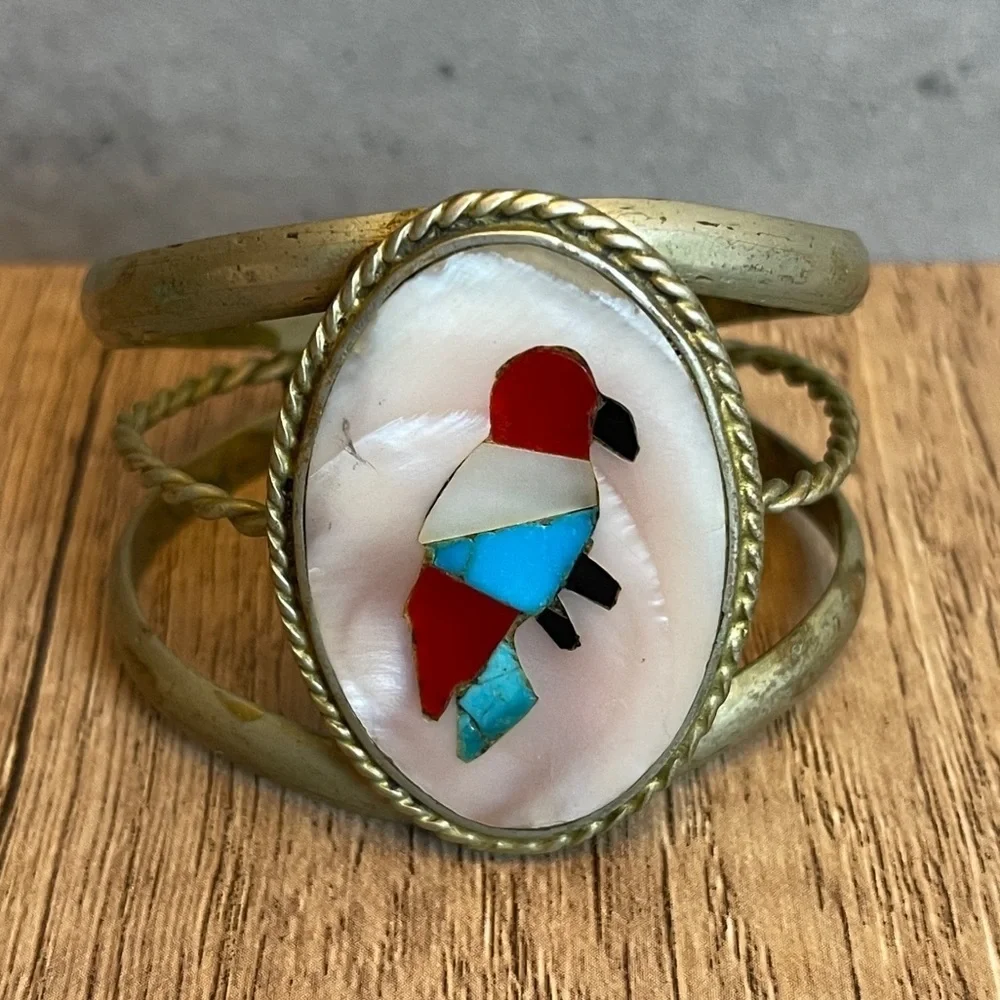 Zuni Turquoise and Coral Inlaid Stone Sterling Silver Bird Cuff Bracelet